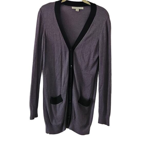 DEBBIE MORGAN Long Grey & Black Trim V Neck Cardigan S - Picture 4 of 5